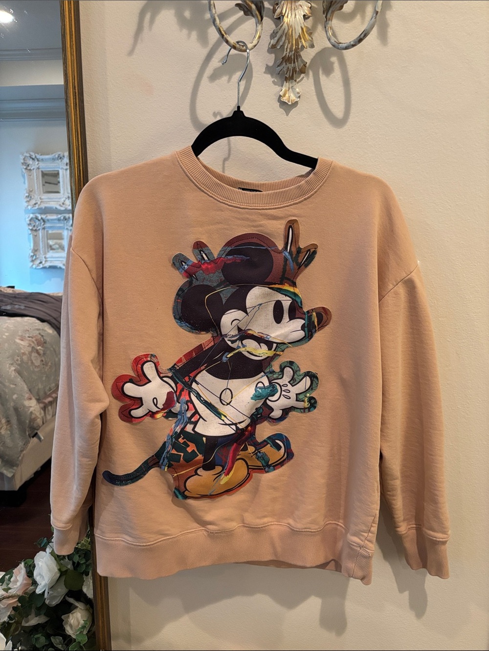 Zara Peach Crewneck with Multicolor Mickey Print